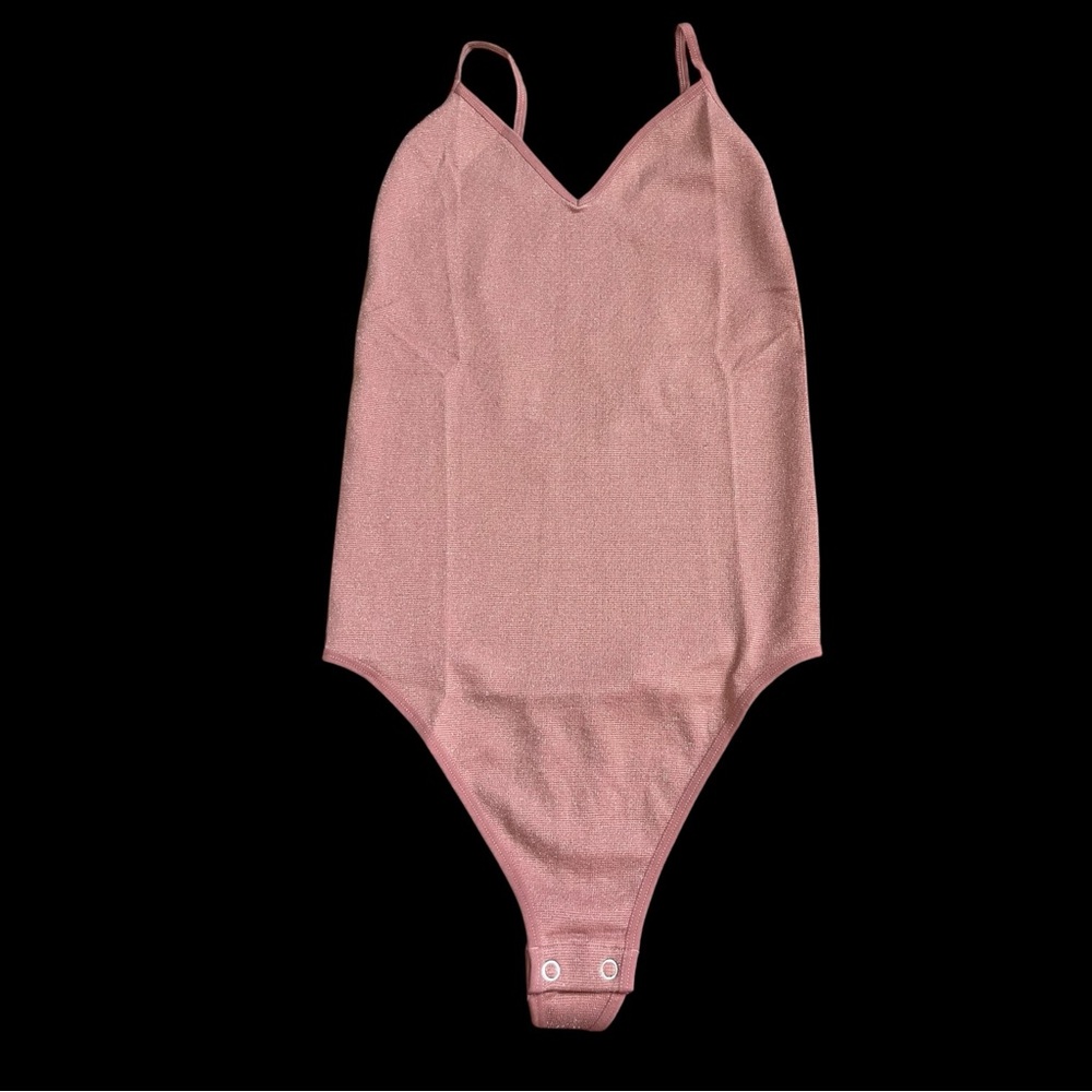 Papaya Dusty Rose Metallic Bodysuit Sparkle V Neck One Piece S/M Y2K